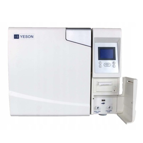 autoklaw medyczny Yeson E 18L w kolorze białym z panelem sterowania i wyświetlaczem w kolorze niebieskim z otwartą klapką serwisową pod którą są drukarka, gniazdo usb, gniazdo drukarki oraz gniazda spustowe wody czystej i brudnej, widziany z przodu