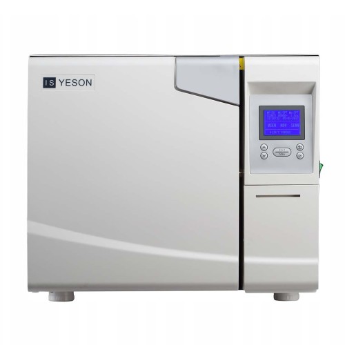 autoklaw medyczny Yeson E 18L w kolorze białym z panelem sterowania i wyświetlaczem w kolorze niebieskim po prawej stronie, widziany z przodu