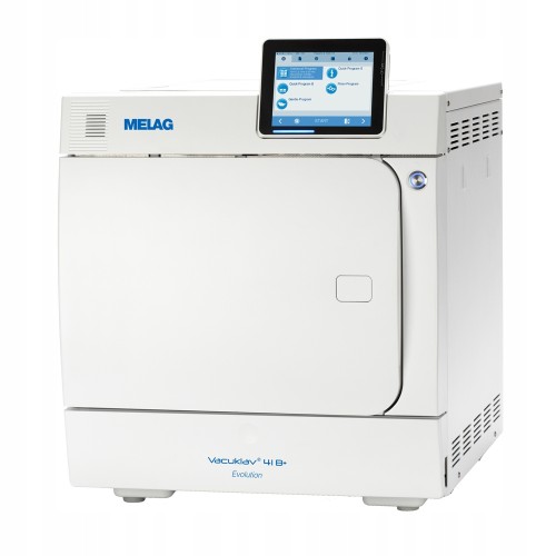 autoklaw medyczny Melag Vacuklav 41B+ Premium w kolorze białym, z wyświetlaczem  zamocowanym w prawej górnej części urządzenia, pokazany pod kątem