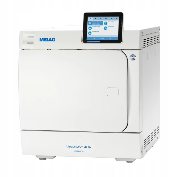 autoklaw medyczny Melag Vacuklav 41B+ Premium w kolorze białym, z wyświetlaczem  zamocowanym w prawej górnej części urządzenia, pokazany pod kątem