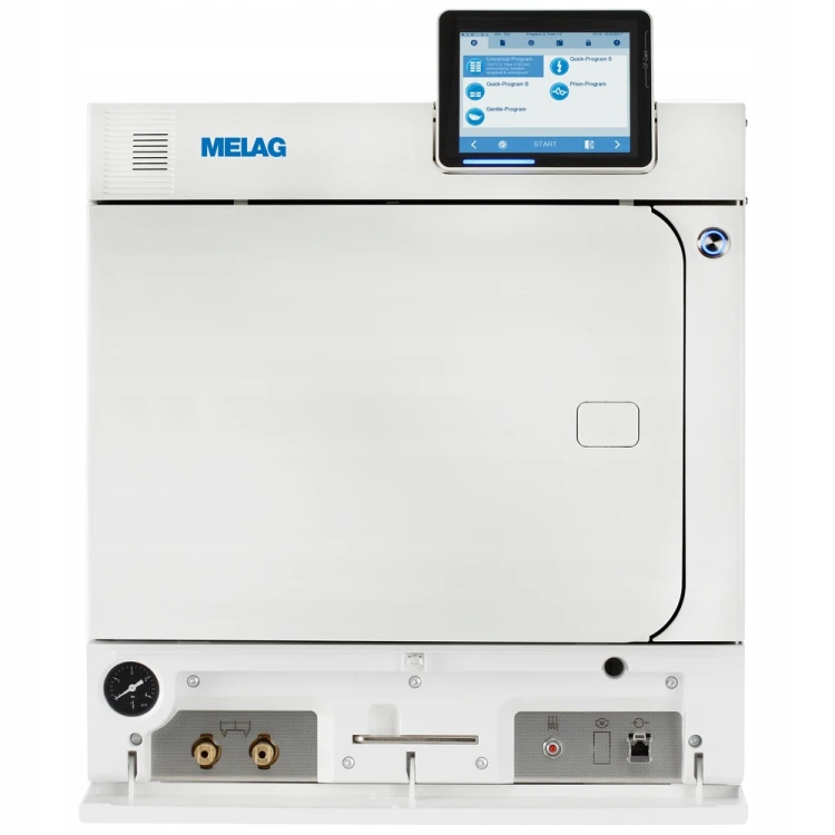 Autoklaw Melag Vacuclav 41B+ Premium z otwartą klapką serwisową pod którą są widoczne gniazda spustowe wody, port drukarki oraz porty przyłączeń dla urządzeń zewnętrznych